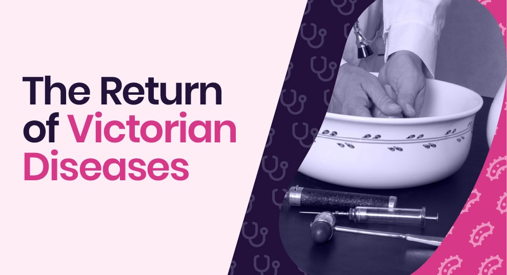 A doctor mixing a substance in a mortar beside old medical tools, with text "the return of Victorian diseases" on a pink and purple background, highlighting the health history of these illnesses.