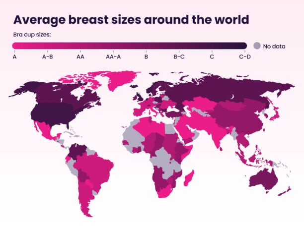 A world map showing average breast sizes by country, with colors ranging from light pink (A cup) to dark purple (C-D cup) indicating different sizes. This member measure highlights variations across regions, though some areas have no data available.