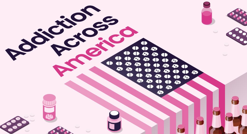 Illustration depicting the title "Addiction Across America" with an American flag, pill bottles, pills, and beer bottles, representing substance abuse in the United States.