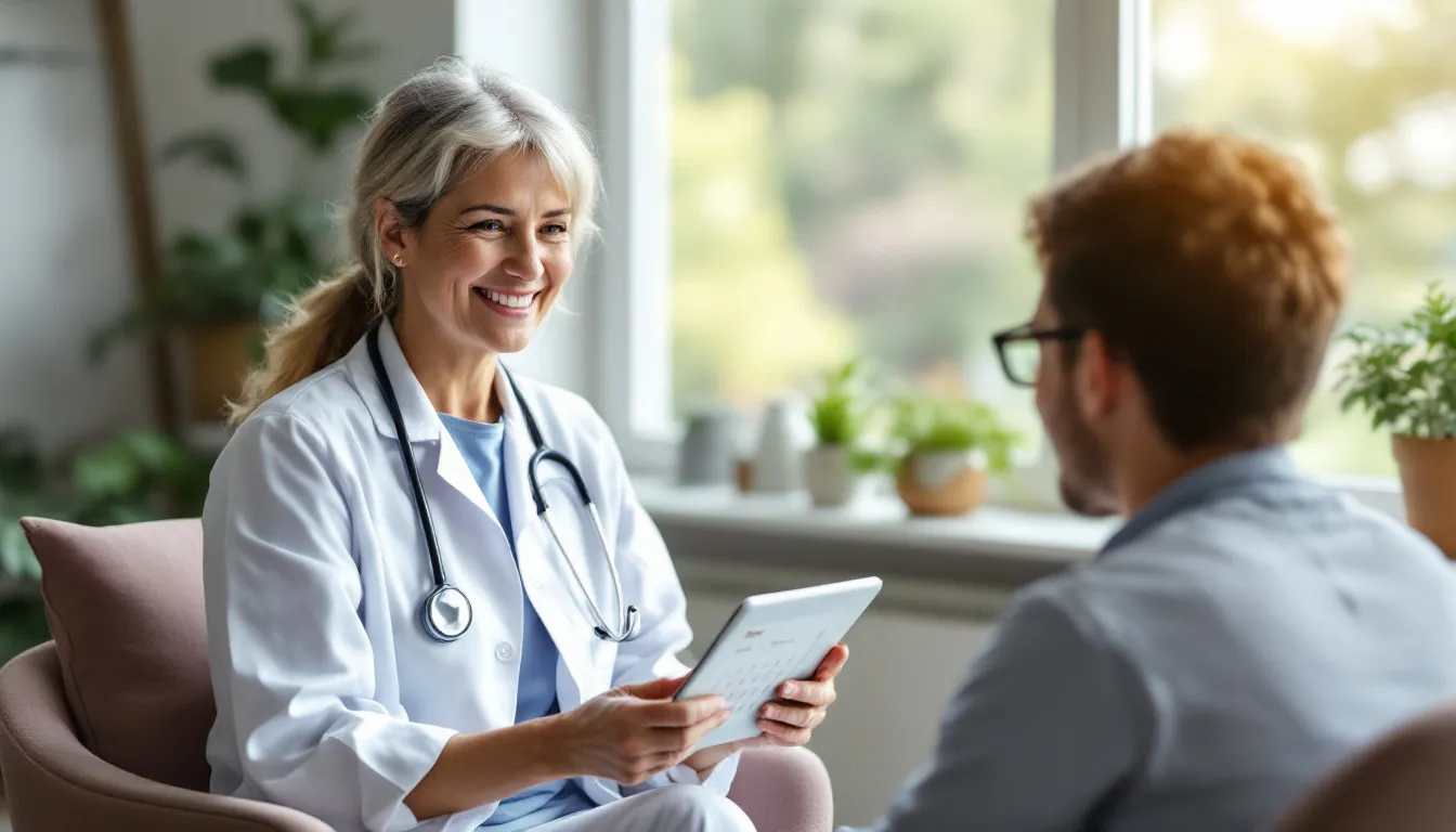 A healthcare professional discussing Mounjaro treatment consistency with a patient.
