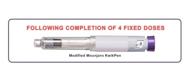 The modified Mounjaro KwikPen following completion of all 4 fixed doses. The plunger near the end clearly indicates the pen is ready to be discarded.